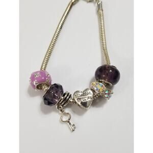 Purple beaded snake chain bracelet size 7" someone special heart silvertone